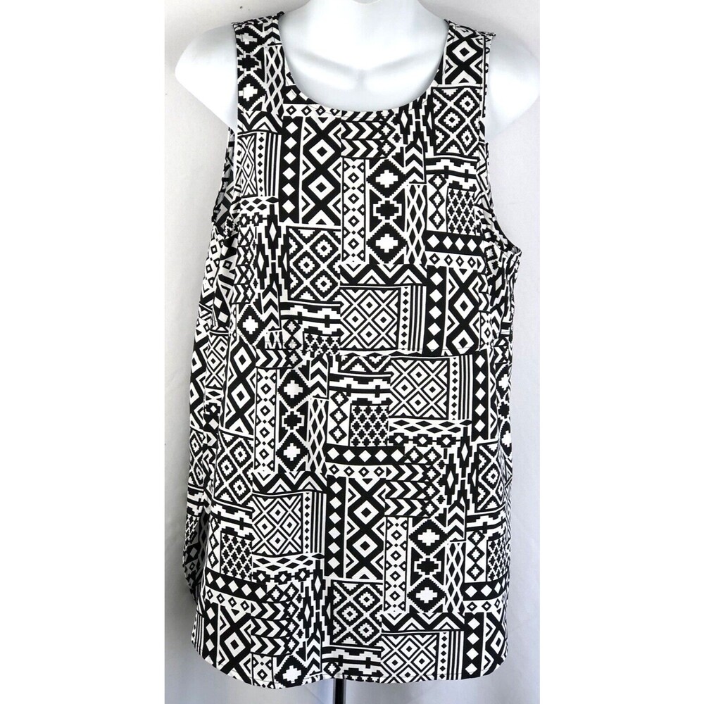 Faded Glory sleeveless silky Tank top M Blk/Wht Aztec Pleated Retro Boho Y2K